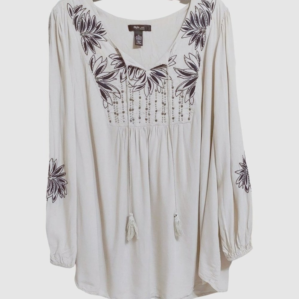 Style & Company Long Sleeve Blouse - Sand with Navy Embroidery - Size 2XL